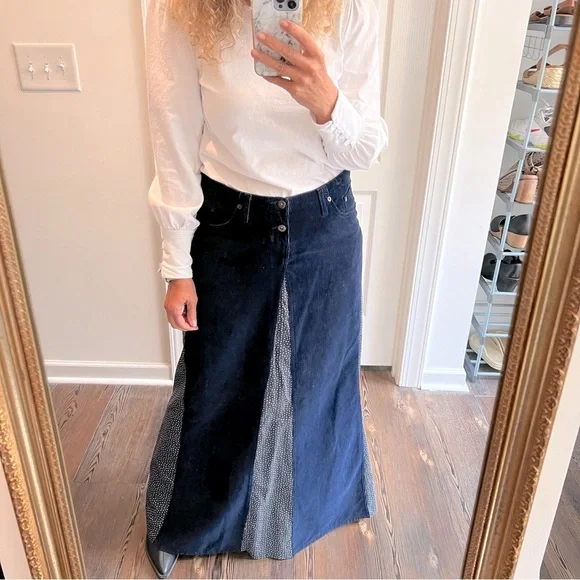 Vintage Maxi Skirt Corduroy Inverted Pleats Star Print pocket patch size medium - Picture 1 of 14